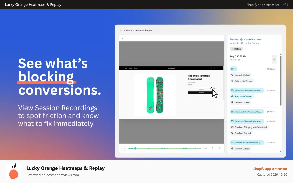 Lucky Orange Heatmaps & Replay Shopify app screenshot: See what's blocking conversions.