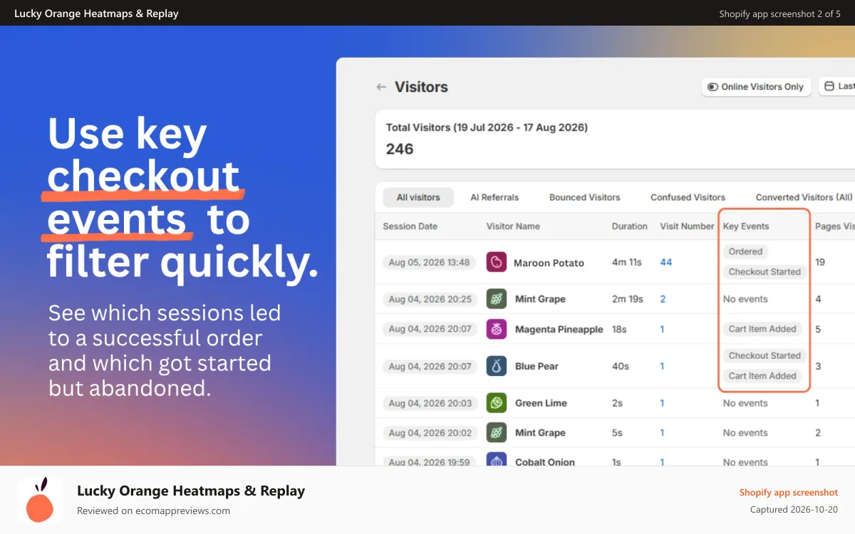 Lucky Orange Heatmaps & Replay Shopify app screenshot: Use key checkout events to filter quickly.