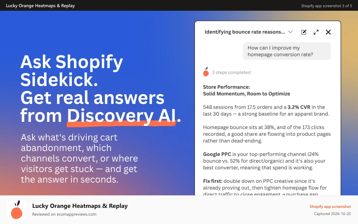 Lucky Orange Heatmaps & Replay Shopify app screenshot: Ask Shopify Sidekick. Get real answers from Discovery AI.