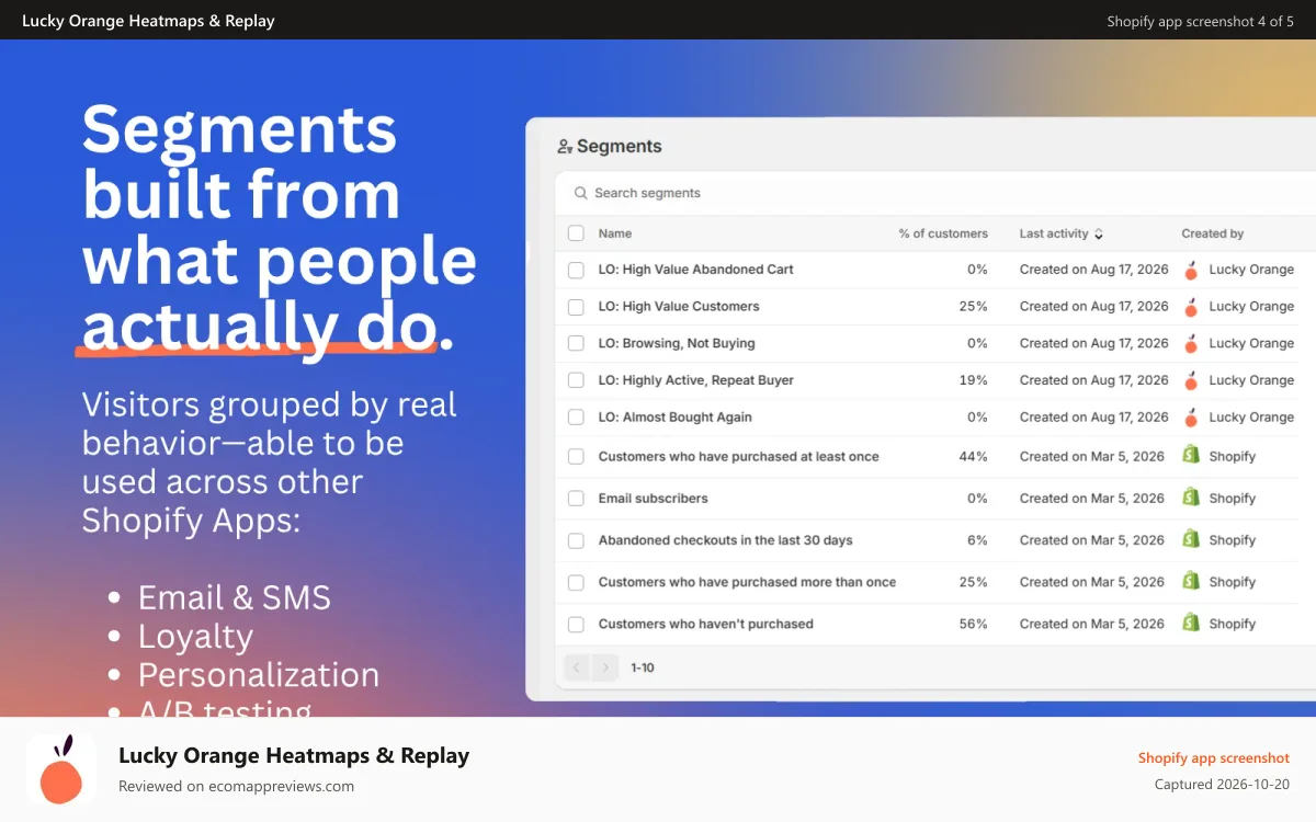 Lucky Orange Heatmaps & Replay Shopify app screenshot: Segments built from what people actually do.