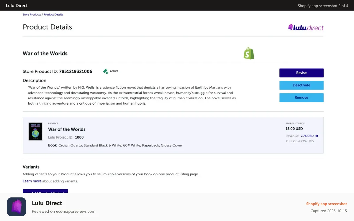 Lulu Direct Shopify app screenshot: create books connected to your shopify products