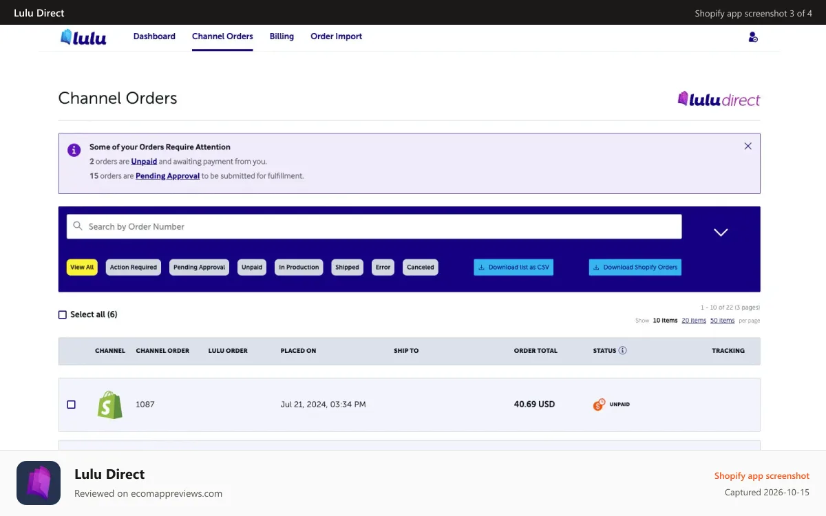 Lulu Direct Shopify app screenshot: manage orders and fulfillment with Lulu Direct