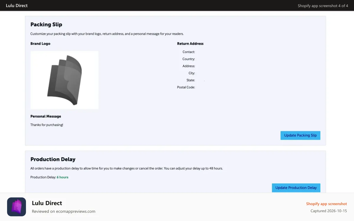 Lulu Direct Shopify app screenshot: manage Lulu Direct account settings in Shopify store