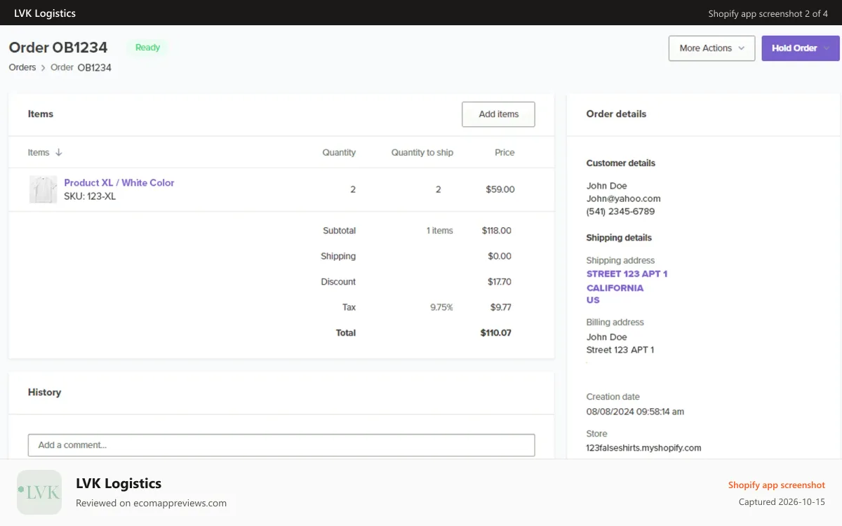 LVK Logistics Shopify app screenshot: You're in control. Manage, hold or cancel orders easily.