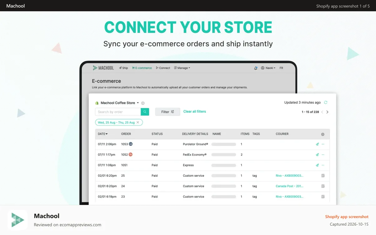 Machool Shopify app screenshot: E-commerce order page