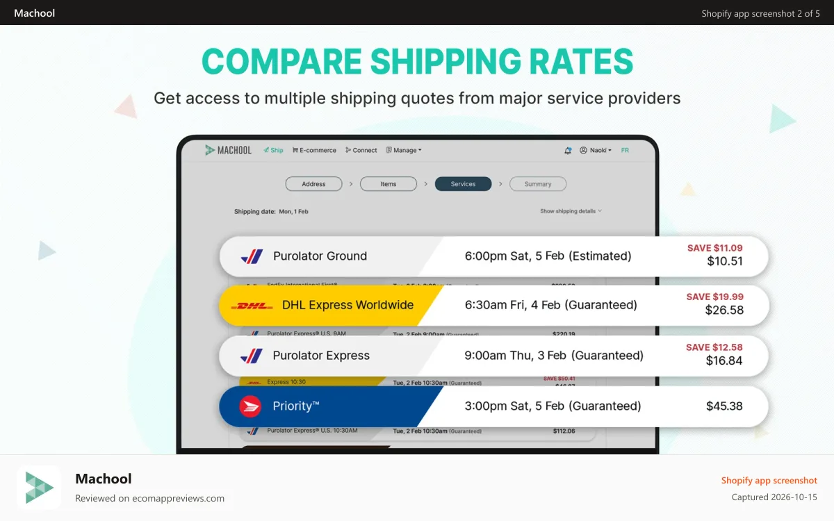 Machool Shopify app screenshot: Shipping services page
