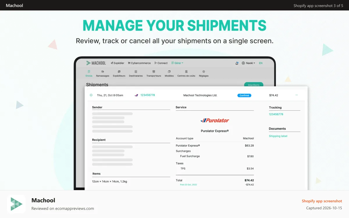 Machool Shopify app screenshot: Shipping management page