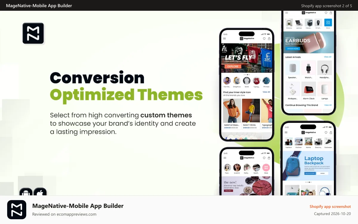 MageNative‑Mobile App Builder Shopify app screenshot: High Converting themes with intuitive navigation.