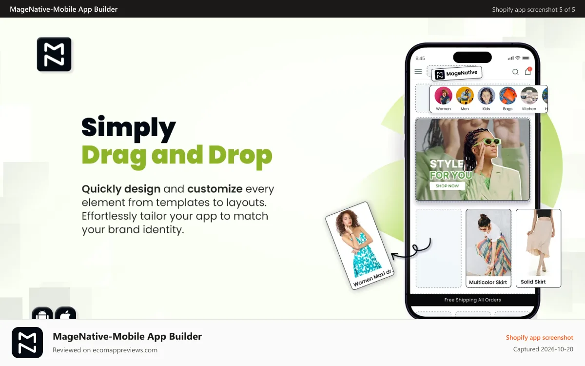 MageNative‑Mobile App Builder Shopify app screenshot: Magenative Shopify Mobile App 60 minutes quick app preview.