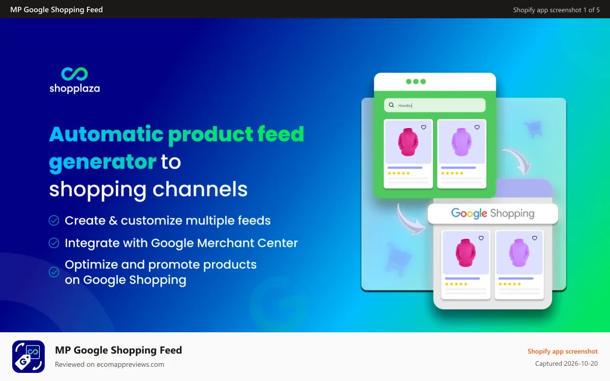 MP Google Shopping Feed Shopify app screenshot: Automatic product feed generator to shopping channels
