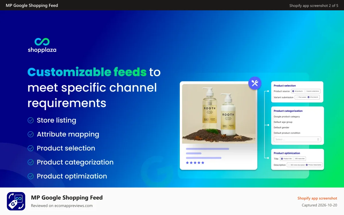 MP Google Shopping Feed Shopify app screenshot: Customizable feeds to meet specific channel requirements.