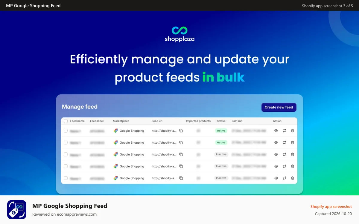 MP Google Shopping Feed Shopify app screenshot: Efficiently manage and update your product feeds in bulk