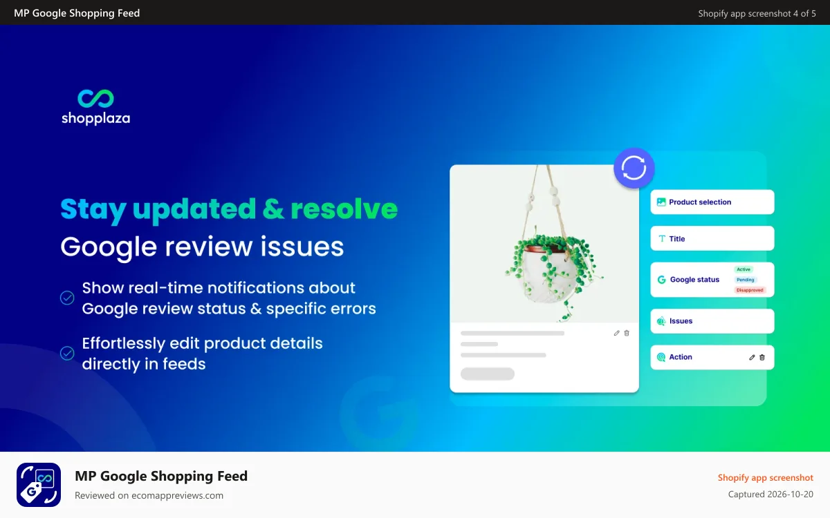 MP Google Shopping Feed Shopify app screenshot: Stay informed about detailed issues and feed status