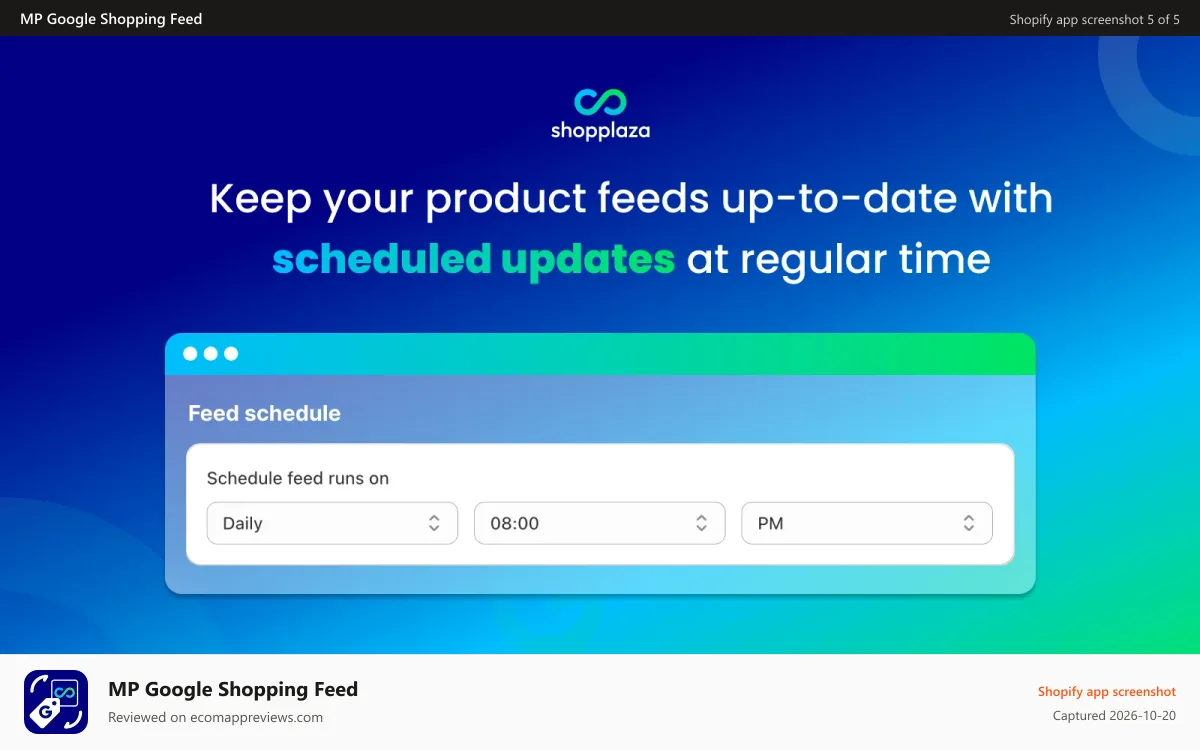 MP Google Shopping Feed Shopify app screenshot: Keep your feeds up-to-date with scheduled updates