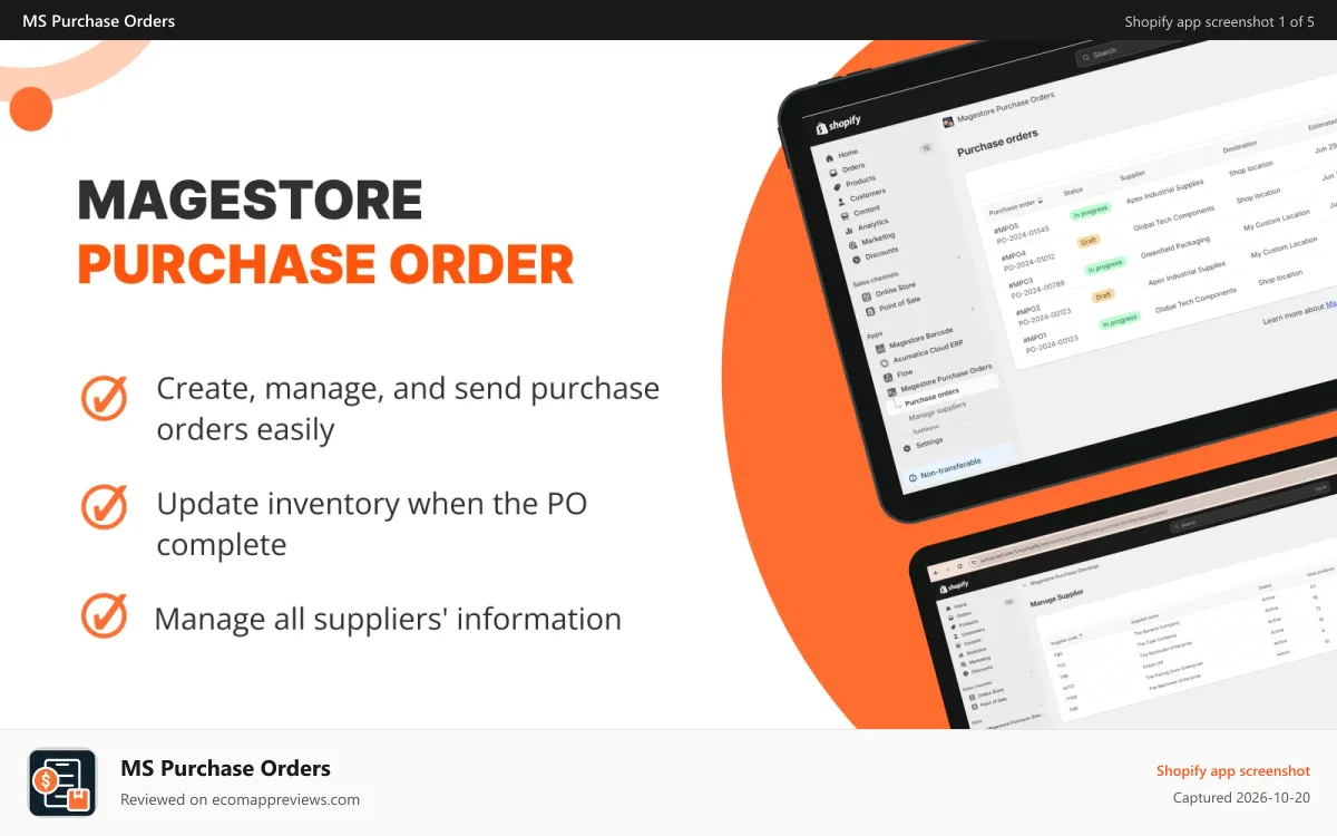 MS Purchase Orders Shopify app screenshot: Create, send, track purchase orders