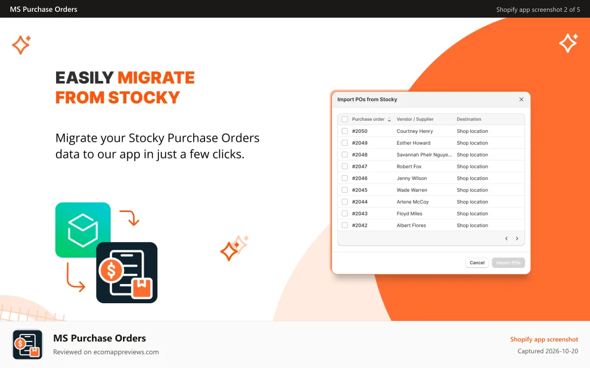 MS Purchase Orders Shopify app screenshot: Easily migrate from Stocky