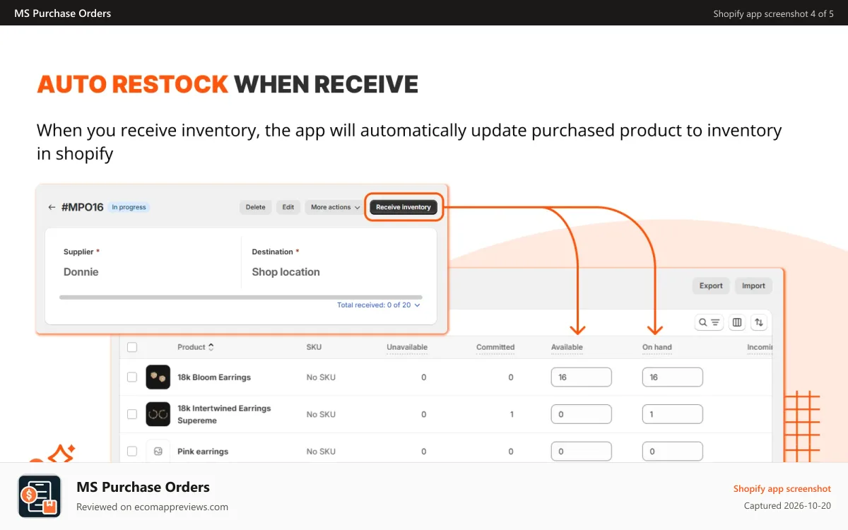 MS Purchase Orders Shopify app screenshot: Auto restock when receive