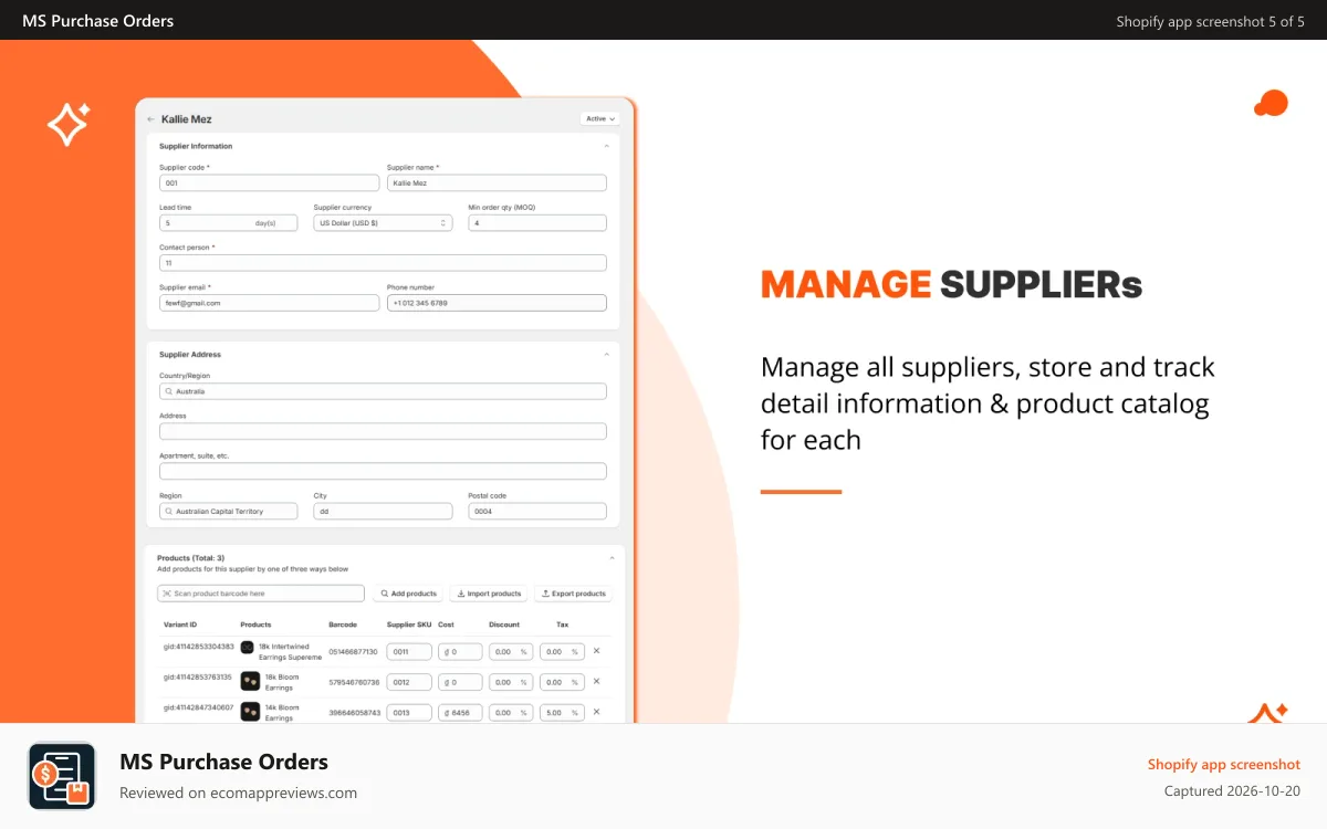 MS Purchase Orders Shopify app screenshot: Manage all suppliers information & product catalog