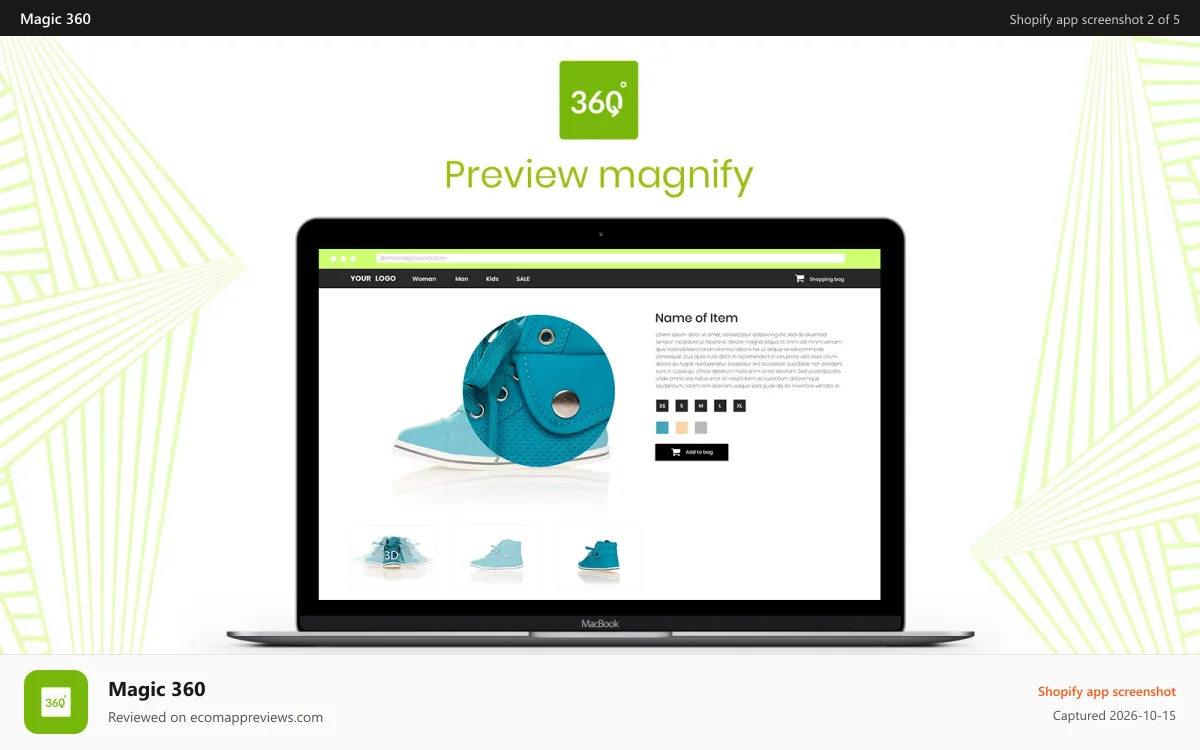 Magic 360 Shopify app screenshot: Magnify product spin on click