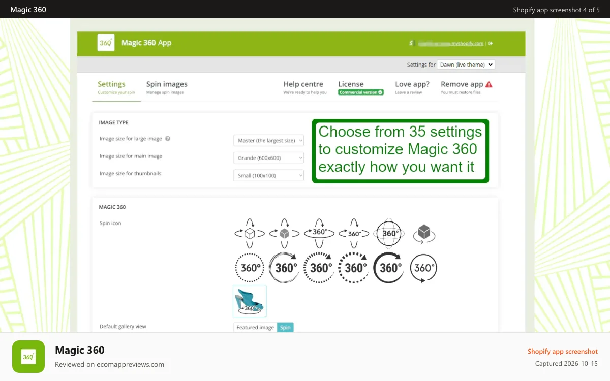 Magic 360 Shopify app screenshot: Customize this 360 product viewer exactly as you want