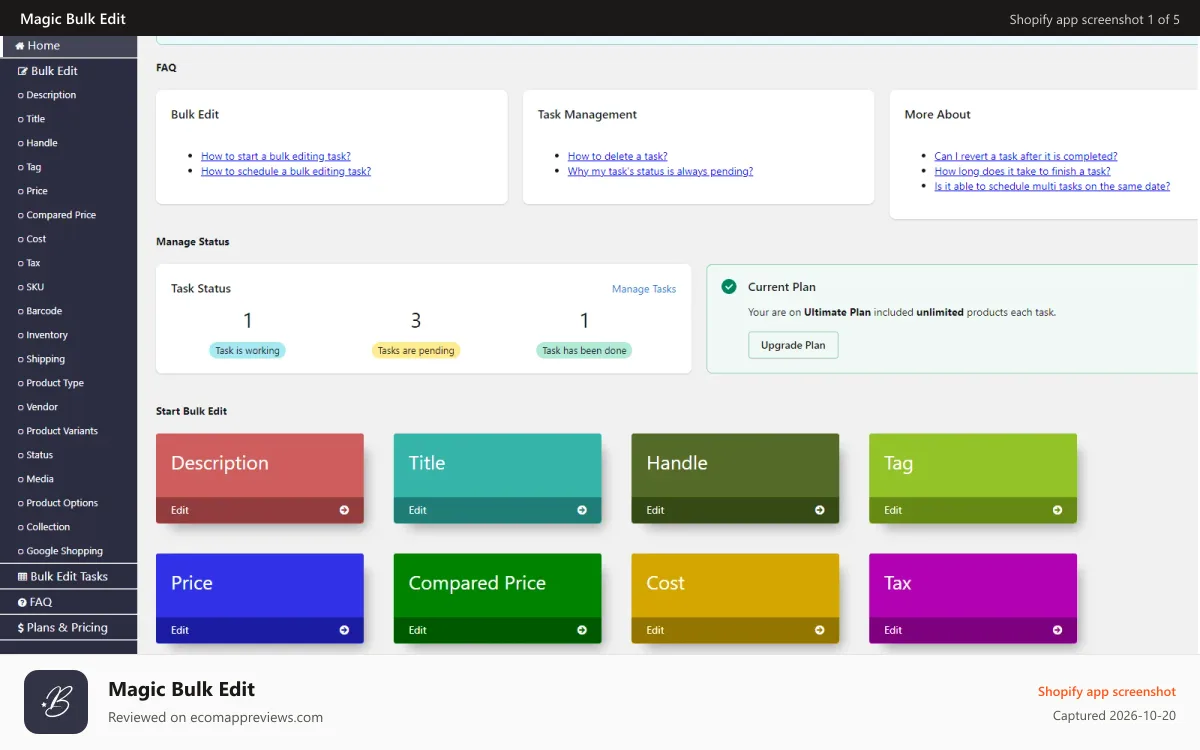 Magic Bulk Edit Shopify app screenshot: home page
