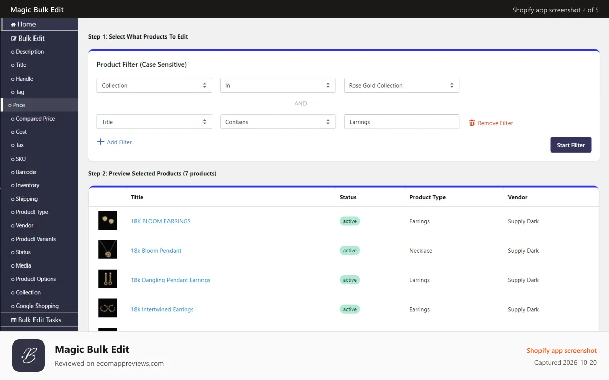 Magic Bulk Edit Shopify app screenshot: product filter