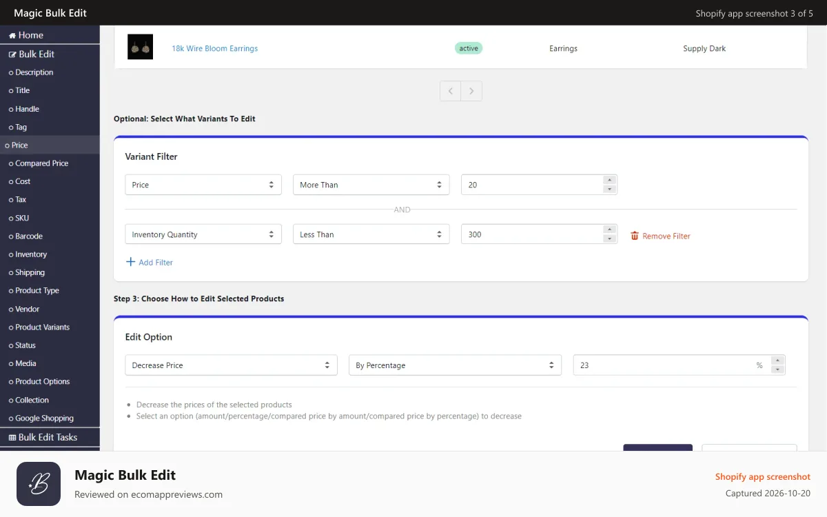 Magic Bulk Edit Shopify app screenshot: variants filter edit option