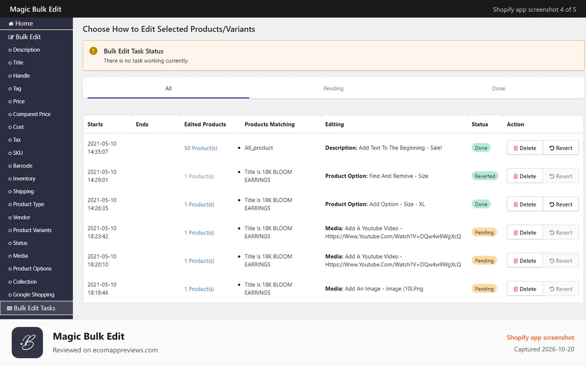 Magic Bulk Edit Shopify app screenshot: bulk edit tasks