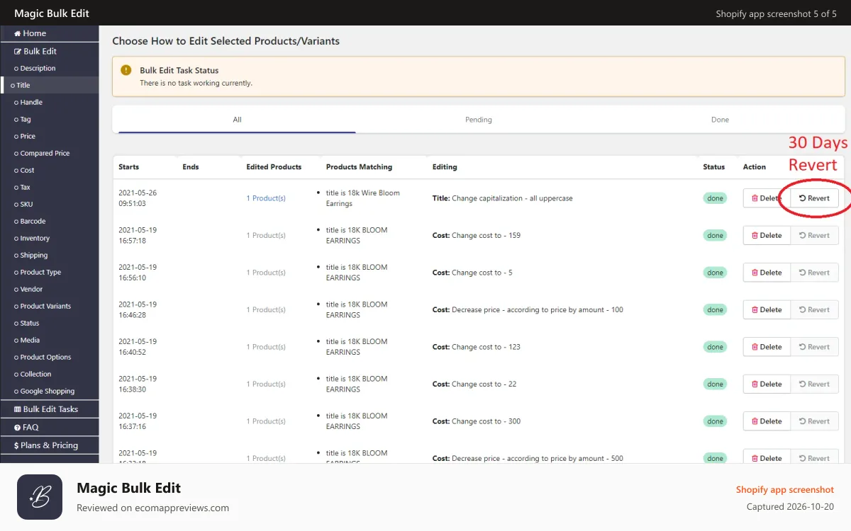 Magic Bulk Edit Shopify app screenshot: revert