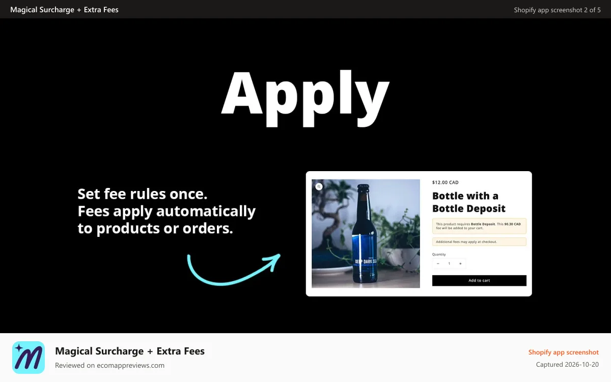 Magical Surcharge + Extra Fees Shopify app screenshot: Apply - Set fee rules once. Fees apply automatically.