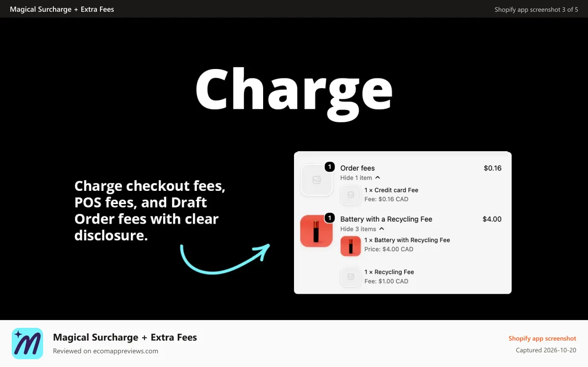 Magical Surcharge + Extra Fees Shopify app screenshot: Charge - Charge checkout fees, POS fees, and Draft Order fees.