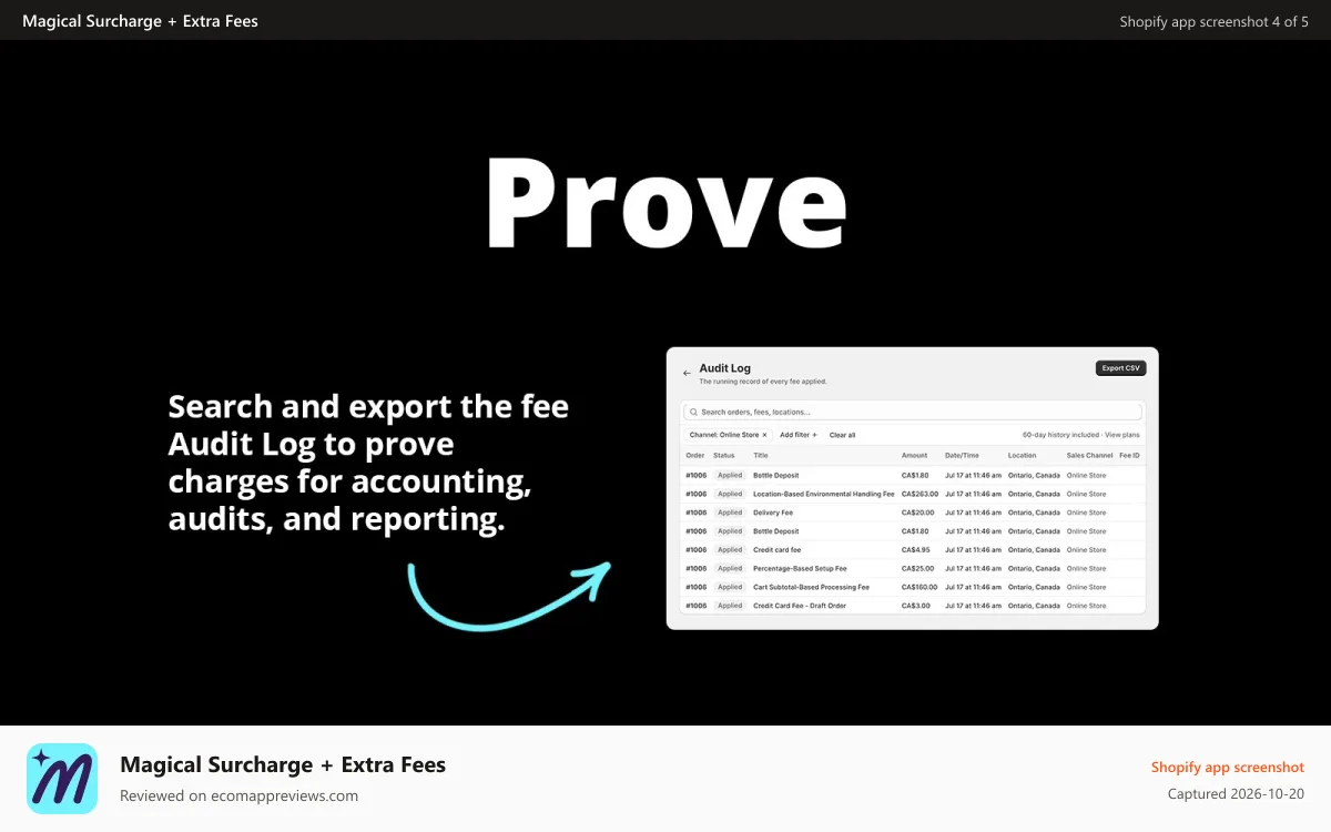 Magical Surcharge + Extra Fees Shopify app screenshot: Prove - Search and export fee Audit log to prove charges.