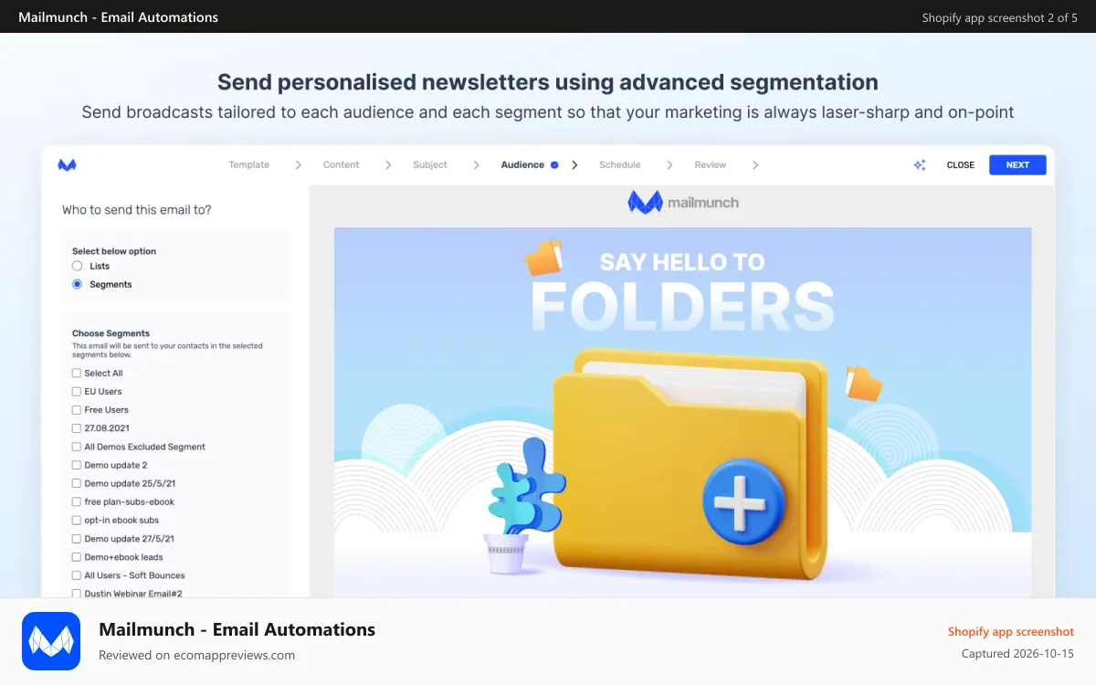 Mailmunch ‑ Email Automations Shopify app screenshot: Newsletters with advanced segmentation