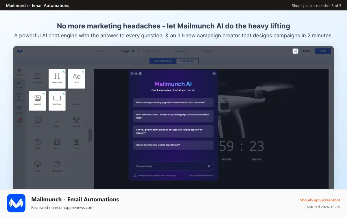 Mailmunch ‑ Email Automations Shopify app screenshot: Powerful AI chat engine & QuickCreate