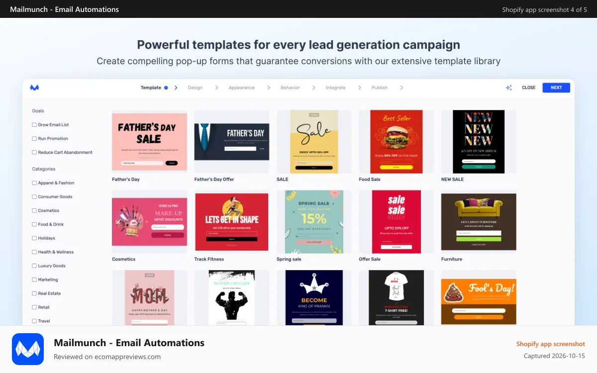 Mailmunch ‑ Email Automations Shopify app screenshot: Compelling templates for every campaign