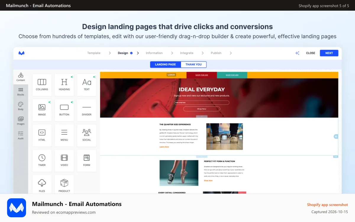 Mailmunch ‑ Email Automations Shopify app screenshot: Landing pages that drive clicks & conversions