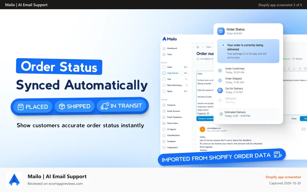 Mailo | AI Email Support Shopify app screenshot: Order Tracking