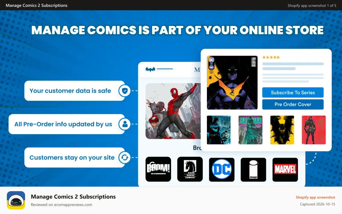Manage Comics 2 Subscriptions Shopify app screenshot: Manage Comics is part of your online store.