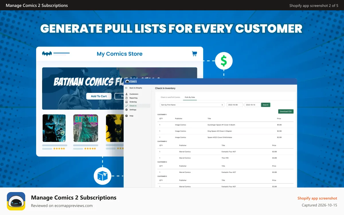 Manage Comics 2 Subscriptions Shopify app screenshot: Generate pull lists for every customer, know who gets what.