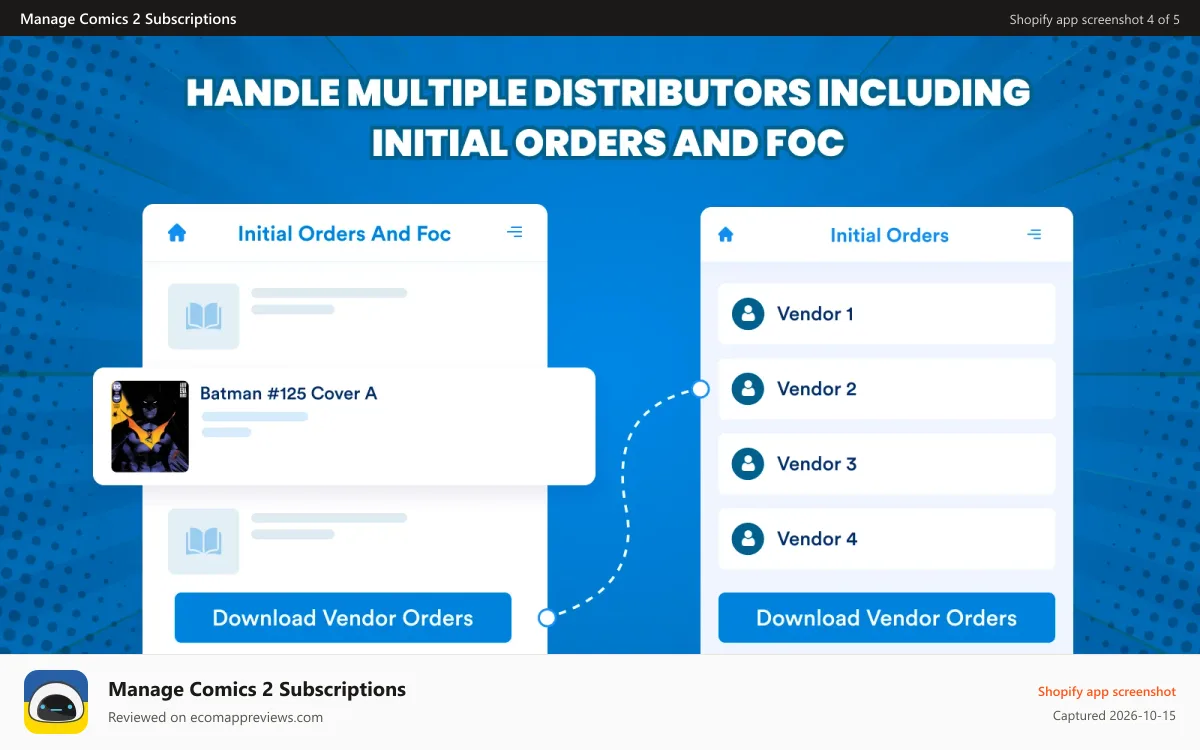 Manage Comics 2 Subscriptions Shopify app screenshot: Handle multiple distributors including initial orders and FOC.