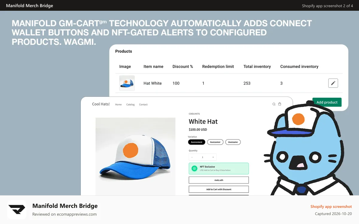 Manifold Merch Bridge Shopify app screenshot: GM-CART Technology automatically adds connect buttons and flows
