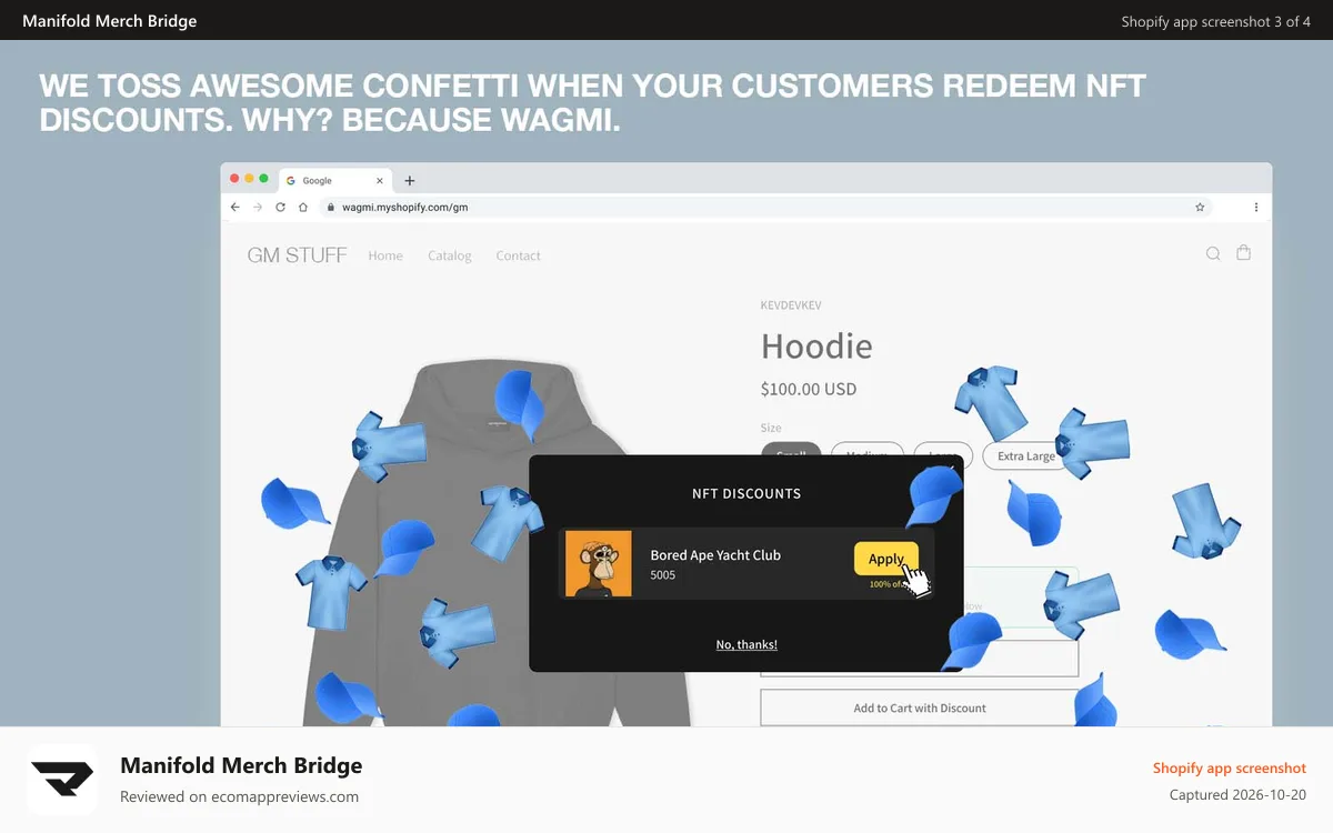 Manifold Merch Bridge Shopify app screenshot: We toss awesome confetti when your customers redeem discounts!