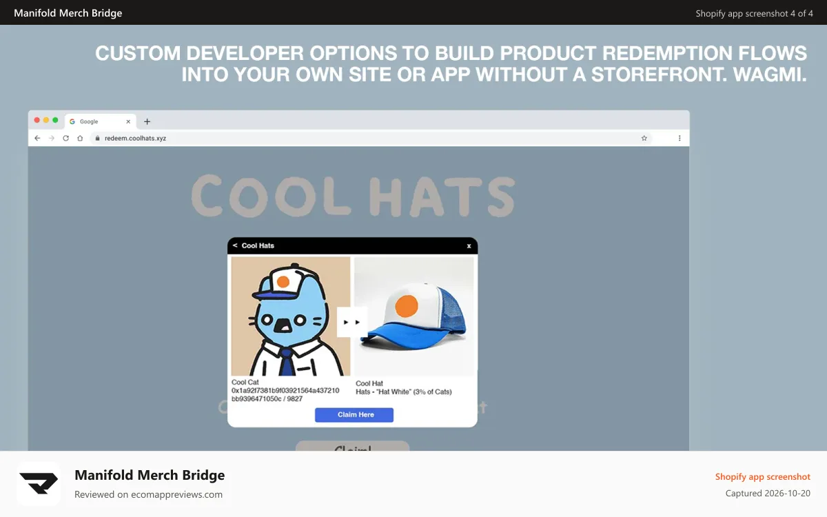 Manifold Merch Bridge Shopify app screenshot: Custom options for developers to build flows into your own sites