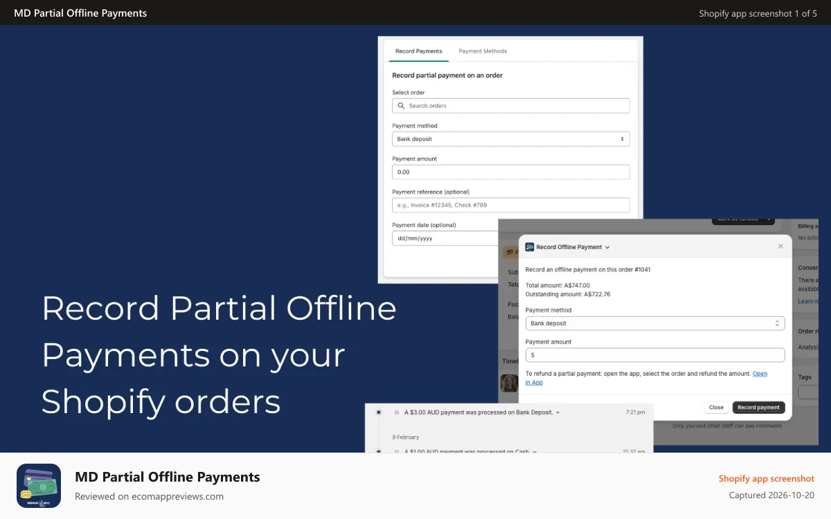 MD Partial Offline Payments Shopify app screenshot: Record partial offline payments