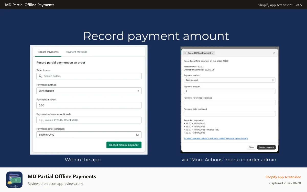 MD Partial Offline Payments Shopify app screenshot: Enter payment amount & choose payment method