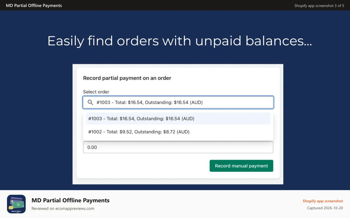 MD Partial Offline Payments Shopify app screenshot: Search for unpaid orders