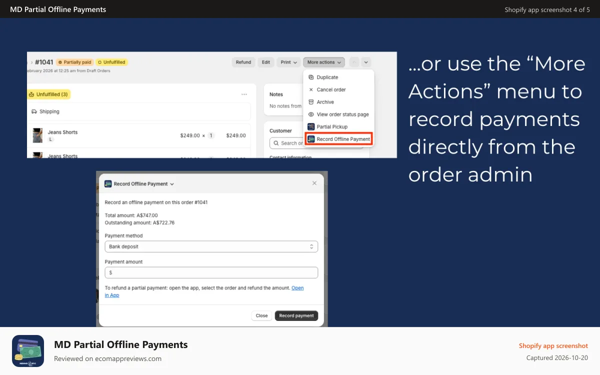 MD Partial Offline Payments Shopify app screenshot: Use "more actions" menu to record payments