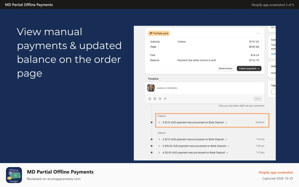 MD Partial Offline Payments Shopify app screenshot: See transaction recorded on Shopify order