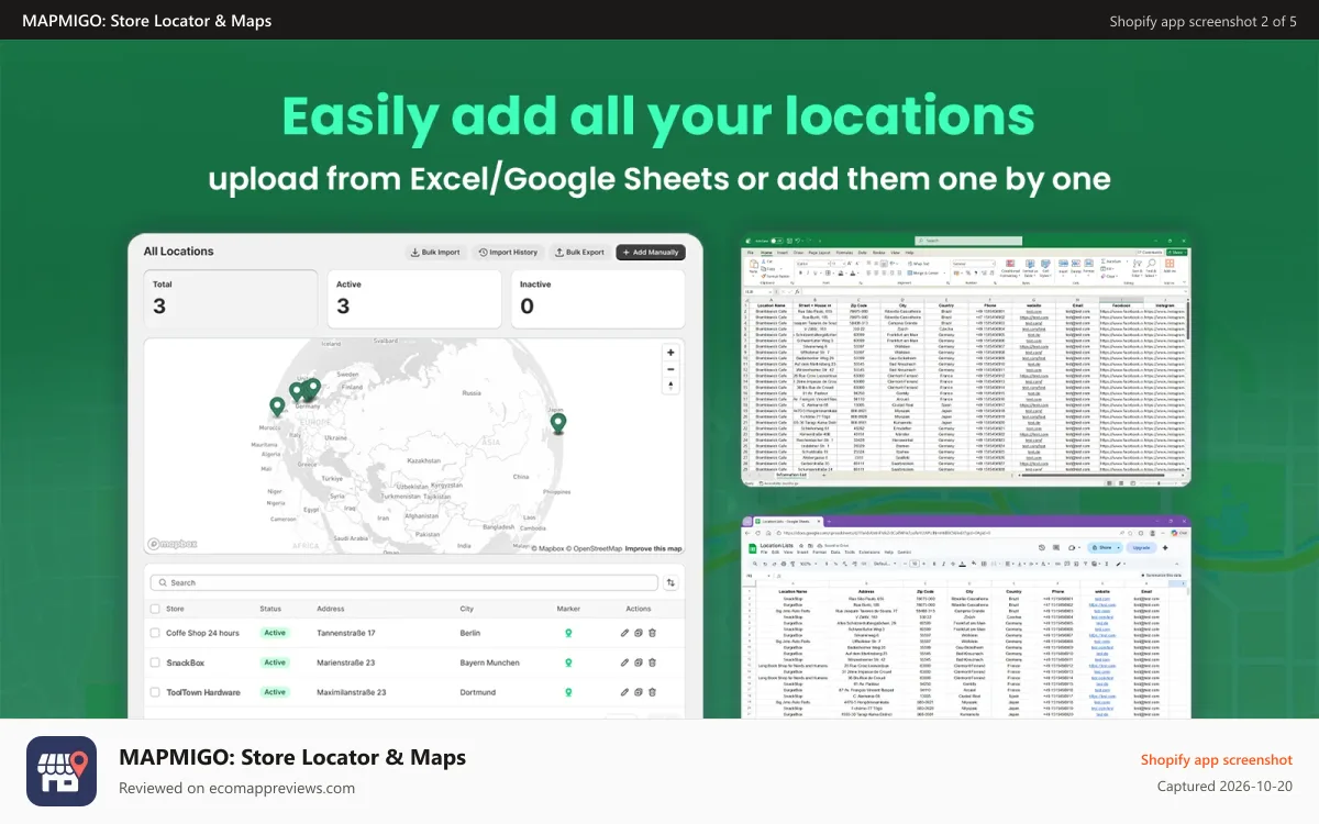MAPMIGO: Store Locator & Maps Shopify app screenshot: Easily add all your locations. Upload from Excel/Google Sheets.