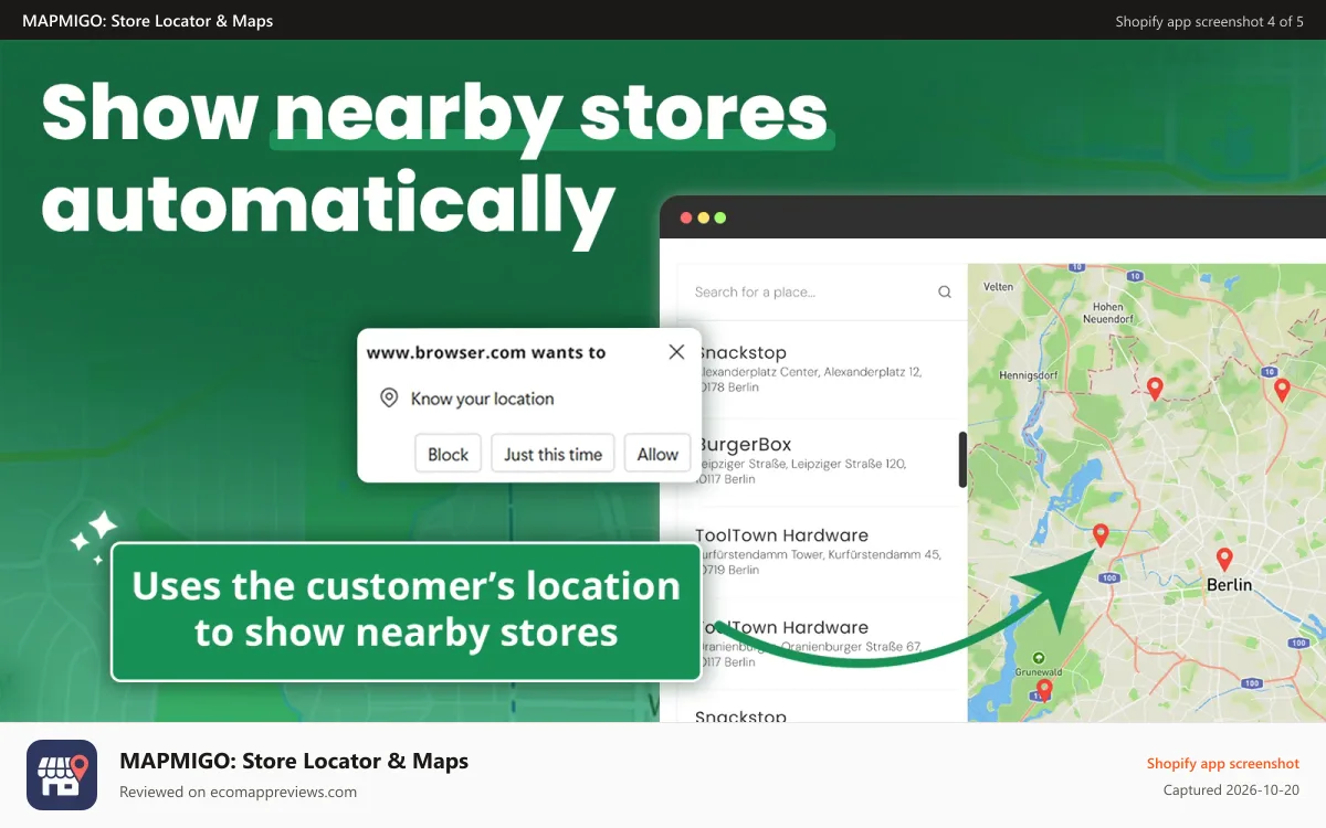 MAPMIGO: Store Locator & Maps Shopify app screenshot: Show nearby stores automatically. Uses the customers location